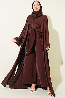 Taş Süslemeli İkili Abaya Kahve - EFSUN MODA