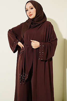 Taş Süslemeli İkili Abaya Kahve - Elbise