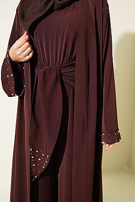 Taş Süslemeli İkili Abaya Kahve - Elbise