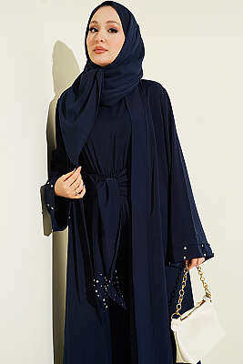 Taş Süslemeli İkili Abaya Lacivert - Elbise