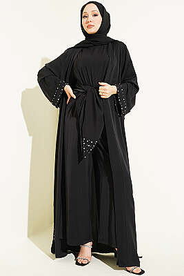 Taş Süslemeli İkili Abaya Siyah - EFSUN MODA