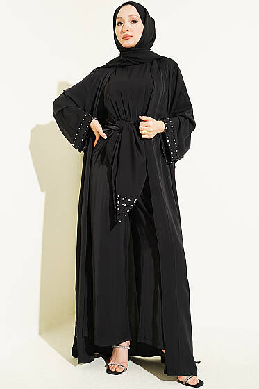 Taş Süslemeli İkili Abaya Siyah - Elbise