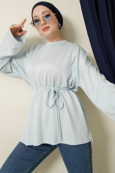 Taş Süslemeli İp Kuşaklı Tunik Bebe Mavi - Tunik