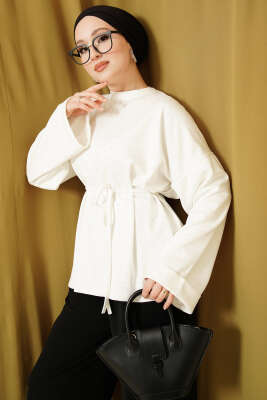 Taş Süslemeli İp Kuşaklı Tunik Ekru 