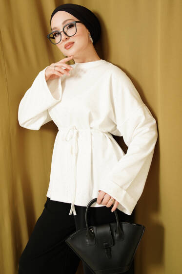 Taş Süslemeli İp Kuşaklı Tunik Ekru - Tunik