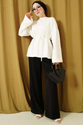 Taş Süslemeli İp Kuşaklı Tunik Ekru - Tunik