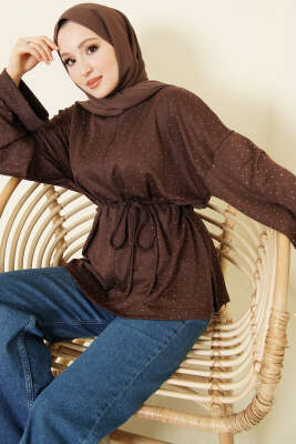 Taş Süslemeli İp Kuşaklı Tunik Kahve 