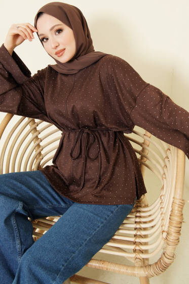 Taş Süslemeli İp Kuşaklı Tunik Kahve - Tunik