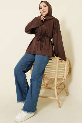 Taş Süslemeli İp Kuşaklı Tunik Kahve - Tunik