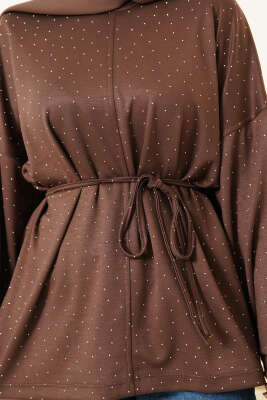 Taş Süslemeli İp Kuşaklı Tunik Kahve - Tunik