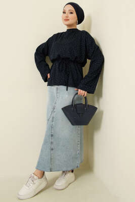 Taş Süslemeli İp Kuşaklı Tunik Lacivert - Tunik
