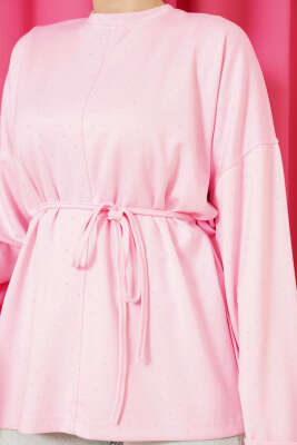 Taş Süslemeli İp Kuşaklı Tunik Pembe - Tunik