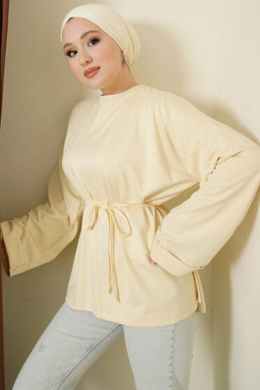 Taş Süslemeli İp Kuşaklı Tunik Sarı - Tunik