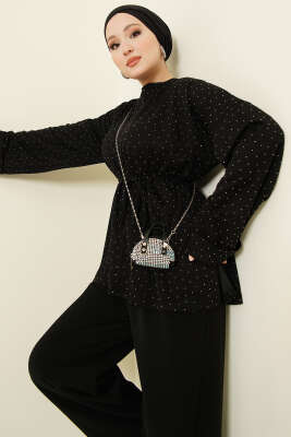 Taş Süslemeli İp Kuşaklı Tunik Siyah - 