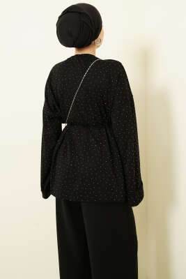 Taş Süslemeli İp Kuşaklı Tunik Siyah - Tunik