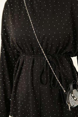 Taş Süslemeli İp Kuşaklı Tunik Siyah - Tunik