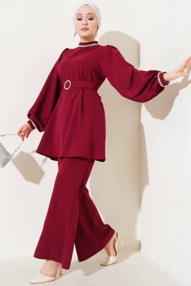 Taş Süslemeli İspanyol Paça İkili Takım Bordo - İkili Takım