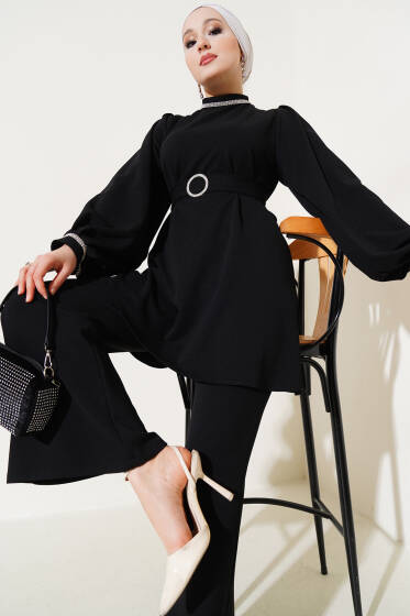 Taş Süslemeli İspanyol Paça İkili Takım Siyah - İkili Takım