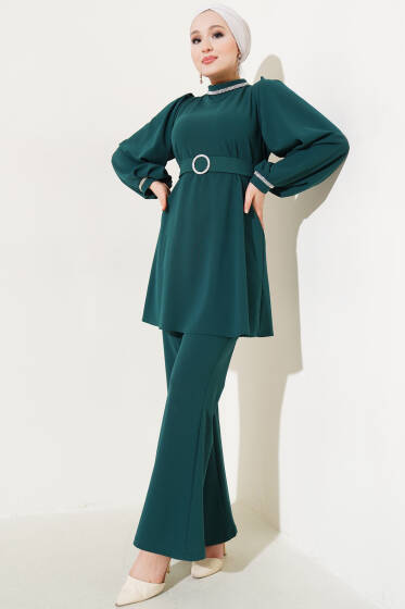 Taş Süslemeli İspanyol Paça İkili Takım Zümrüt - İkili Takım