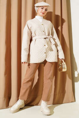 Taş Süslemeli Kapitone Ceket Bej - Ceket