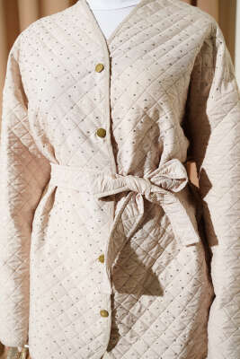 Taş Süslemeli Kapitone Ceket Bej - Ceket