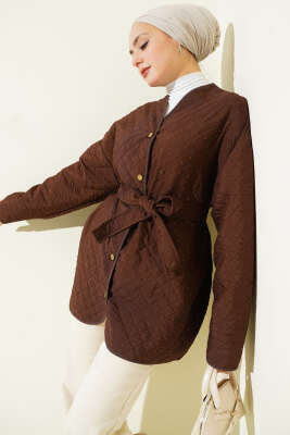 Taş Süslemeli Kapitone Ceket Kahve - FEVERAN