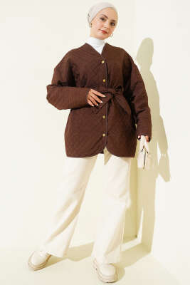 Taş Süslemeli Kapitone Ceket Kahve - Ceket