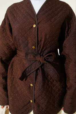 Taş Süslemeli Kapitone Ceket Kahve - Ceket