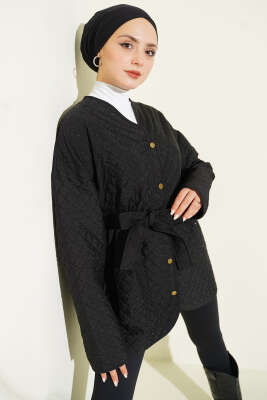 Taş Süslemeli Kapitone Ceket Siyah - FEVERAN