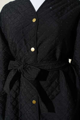 Taş Süslemeli Kapitone Ceket Siyah - Ceket