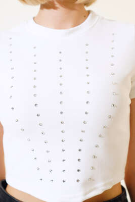 Taş Süslemeli Kaşkorse Bluz Beyaz - Kadın Giyim Modelleri