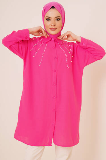 Taş Süslemeli Keten Gömlek Fuşya - ÇOK SATANLAR
