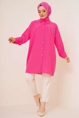 Taş Süslemeli Keten Gömlek Fuşya - ÇOK SATANLAR
