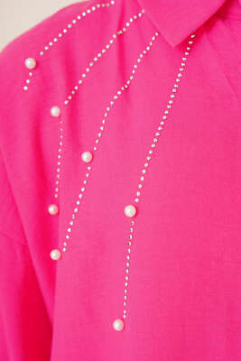 Taş Süslemeli Keten Gömlek Fuşya - ÇOK SATANLAR