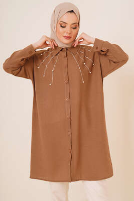 Taş Süslemeli Keten Gömlek Kahve 