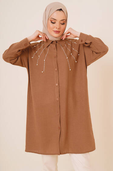 Taş Süslemeli Keten Gömlek Kahve - Gömlek