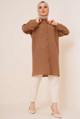 Taş Süslemeli Keten Gömlek Kahve - Gömlek