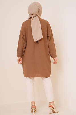 Taş Süslemeli Keten Gömlek Kahve - Gömlek