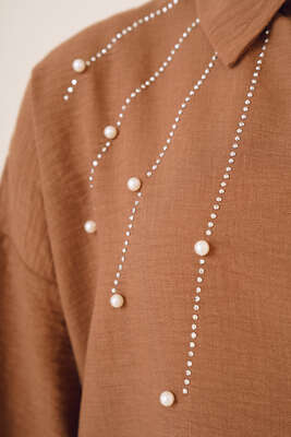 Taş Süslemeli Keten Gömlek Kahve - Gömlek