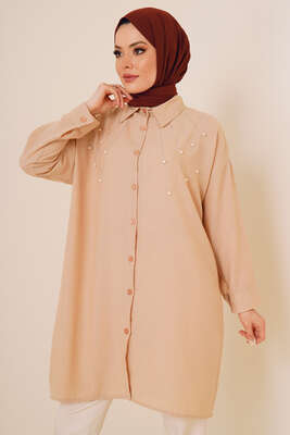 Taş Süslemeli Keten Gömlek Latte 