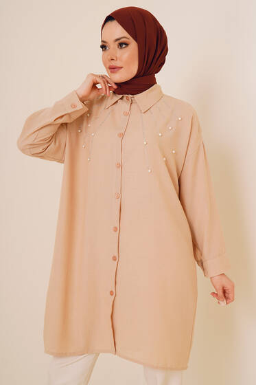 Taş Süslemeli Keten Gömlek Latte - ÇOK SATANLAR