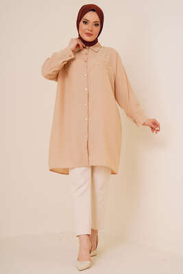 Taş Süslemeli Keten Gömlek Latte - ÇOK SATANLAR