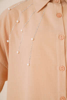 Taş Süslemeli Keten Gömlek Latte - ÇOK SATANLAR