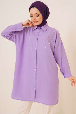 Taş Süslemeli Keten Gömlek Lila - NEVA MODA