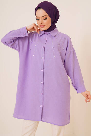 Taş Süslemeli Keten Gömlek Lila - Gömlek