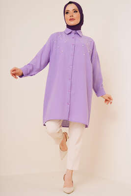 Taş Süslemeli Keten Gömlek Lila - Gömlek