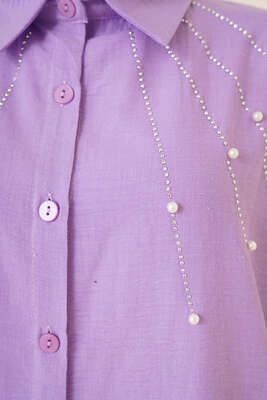 Taş Süslemeli Keten Gömlek Lila - Gömlek