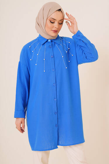 Taş Süslemeli Keten Gömlek Saks - ÇOK SATANLAR