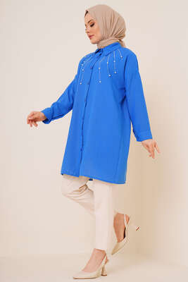 Taş Süslemeli Keten Gömlek Saks - ÇOK SATANLAR