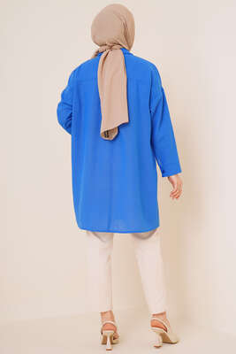 Taş Süslemeli Keten Gömlek Saks - ÇOK SATANLAR